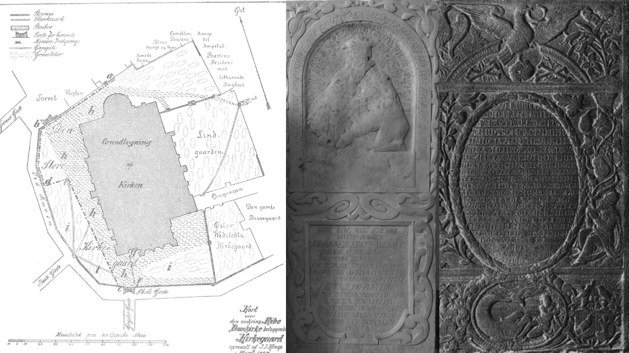 Begravelsesskik ved Domkirken; Kort over begravede ved domkirken og billeder af ligsten som formentlig har ligget i domkirken.